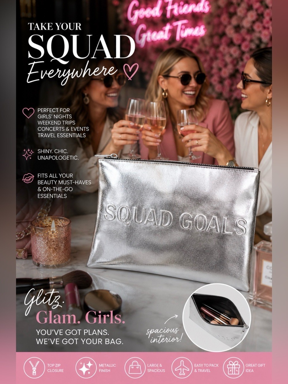 London Soho New York Squad Goals Purse Kit Silver Makeup Bag Cosmetic Pouch NWT